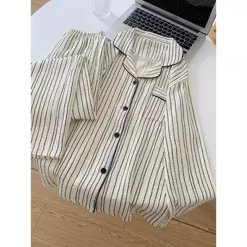 Женская пижама осень-весна с длинным рукавом, мягкий комплект одежды для сна, марлевый хлопковый полосатый принт, пижамный комплект для женщин M