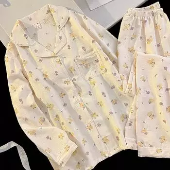 Женская пижама осень-весна с длинным рукавом, мягкий комплект для сна с вишневым цветочным рисунком, пижама для женщин, домашний комплект для сна, кардиган M