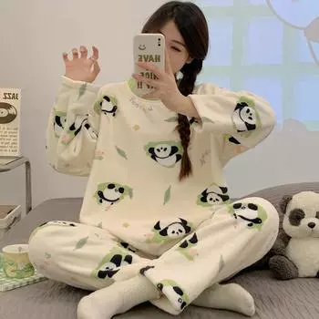 Женская пижама осень-зима фланелевая теплая женская пижама корейский милый мультяшный пижамный комплект модная пижама женская домашняя одежда пижамы M
