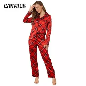 Женская пижама осенне-зимняя рождественская шелковая рубашка с длинными рукавами брюки домашняя одежда костюм S красный