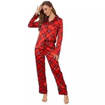 Женская пижама осенне-зимняя рождественская шелковая рубашка с длинными рукавами брюки домашняя одежда костюм S красный