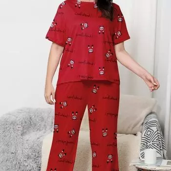 Женская пижама повседневная с рисунком из мультфильма свободные брюки с коротким рукавом домашний костюм 1XL разноцветный