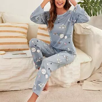 Женская пижама, повседневный наряд, домашняя одежда, весенний топ с длинными рукавами и длинными брюками, комплект из 2 предметов для отдыха, одежда для дома S синий