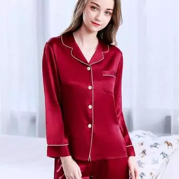 Женская пижама, простой атласный пижамный комплект, длинный рукав, пуговицы, лацканы, эластичные брюки, домашняя одежда, ночная рубашка из 2 предметов M чёрный