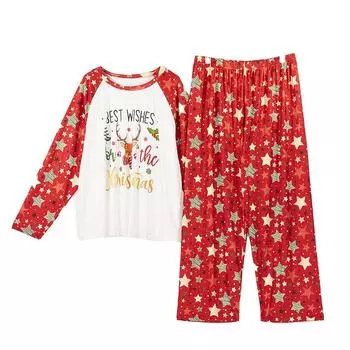 Женская пижама размера тарелки Лось Осень Новинка Комплект пуловер с длинным рукавом и длинными брюками Домашняя одежда XL красный/белый