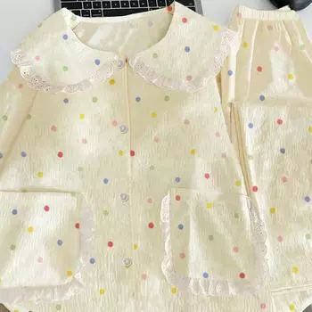 Женская пижама с цветным горошком и воротником Питер Пэн. Нежная и элегантная домашняя одежда из французского кружева. Осенне-зимняя хлопковая пижама Sweet Cloud. M бежевый