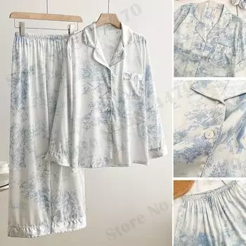 Женская пижама с цветочным принтом, домашняя одежда, сексуальное нижнее белье, комплект из пижам и брюк, весенняя и осенняя свободная атласная домашняя одежда M синий