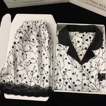 Женская пижама с цветочным принтом в китайском стиле, элегантная и благородная французская кружевная домашняя одежда, летние женские пижамы M чёрный