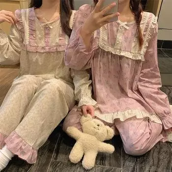 Женская пижама с длинным рукавом, комплект женской одежды для сна с цветочным принтом, в дворцовом стиле, с оборками, женская домашняя одежда для сна, одежда для отдыха M