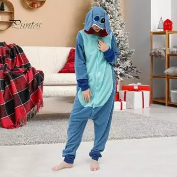 Женская пижама с героями мультфильмов, плотный флис, застежка на пуговицы, глубокий шаговый шов, длинные рукава, капюшон, декор в виде ушей, зимняя одежда для сна, наряд для косплея на вечеринку S светло-синий