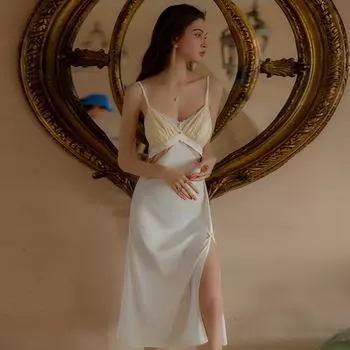 Женская пижама с глубоким V-образным вырезом и завязками на груди, с высоким разрезом, сексуальная пижама на тонких бретельках M