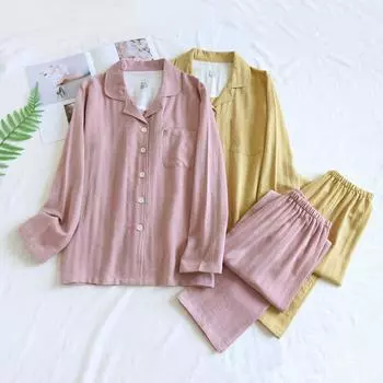 Женская пижама с лацканами, длинные рукава, брюки, ночная рубашка, весна-осень, домашняя одежда, однотонная, минималистичная, свободная повседневная пижама M розовый