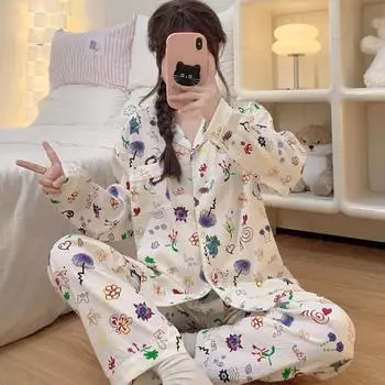 Женская пижама с лацканами и пуговицами на шее в стиле Харадзюку с рисунком в стиле граффити, милый пижамный комплект с принтом, зимняя ночная одежда M