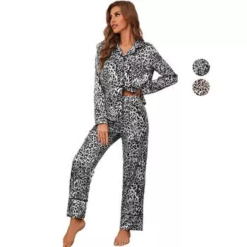 Женская пижама с леопардовым принтом, имитация шелкового атласа, длинные рукава, рубашка, брюки, комплект из 2 предметов, роскошная сексуальная ночная одежда для сна, повседневная домашняя одежда для отдыха S серебряный