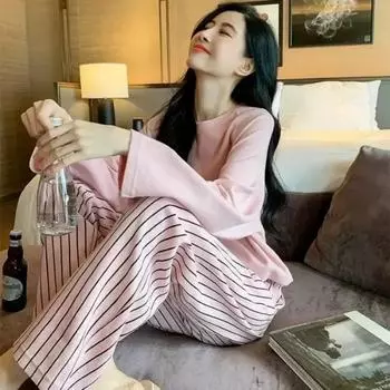 Женская пижама с подкладкой на груди, женская весенне-осенняя, с длинным рукавом, однотонная, в полоску, одежда для сна, домашняя одежда для студентов L