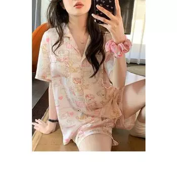 Женская пижама с принтом кролика из мультфильма, домашняя одежда для студентов, комплект из двух предметов, женский кардиган, одежда для сна для пожилых людей, домашняя одежда M розовый