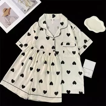 Женская пижама с принтом «Любовь», корейская пижама из 2 предметов, топ и шорты, мягкий хлопковый повседневный пижамный комплект из 2 предметов M