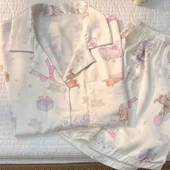 Женская пижама с принтом маленькой собаки и медведя в корейском стиле с симпатичными персонажами из мультфильмов в стиле Харадзюку, новая летняя домашняя одежда для сна M бежевый