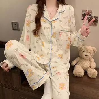 Женская пижама с принтом медведя в стиле Харадзюку, милый мультяшный пижамный комплект для женщин, повседневная домашняя одежда в Корейском стиле M