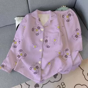 Женская пижама с принтом медведя в стиле Харадзюку, милая, милая домашняя одежда, осенне-зимний комплект из 2 предметов, женская пижама M