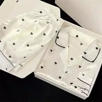 Женская пижама с принтом в виде сердца, простые шорты с коротким рукавом, студенческая ночная рубашка, домашняя одежда, белый кардиган, комплект из 2 предметов, одежда для сна M