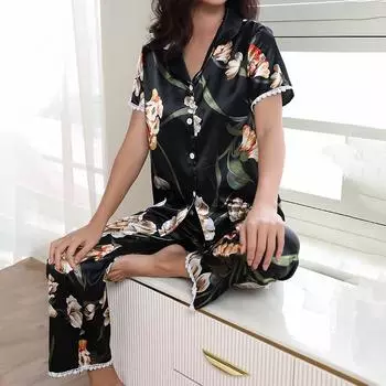 Женская пижама с принтом вишни и бабочек, атласный пижамный комплект с коротким рукавом, пуговицами, эластичным поясом, штаны, одежда для сна, домашняя одежда S красный