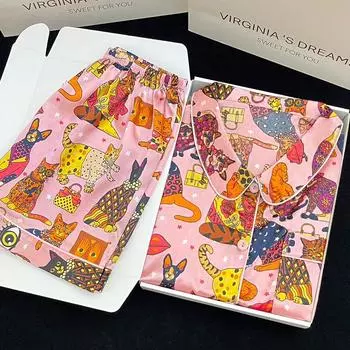 Женская пижама с рисунком милого кота, летние классные комплекты из 2 предметов для дома, шорты + короткий рукав, женская одежда для сна M