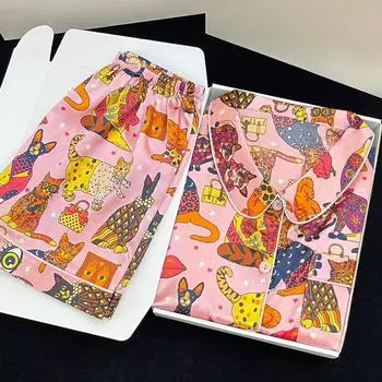 Женская пижама с рисунком милого кота Y2k, летние классные корейские комплекты из 2 предметов для дома, новые рукава, женская одежда для сна M