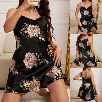 Женская пижама с v-образным вырезом и оборками, сексуальная пижама с пятном, ночная рубашка, сексуальное женское белье XXL чёрный