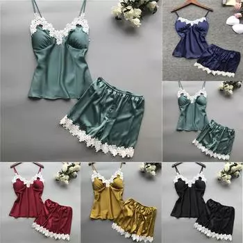 Женская пижама с v-образным вырезом, шелковое кружево, сексуальная отделка пятном, пижама, шорты, комплект нижнего белья s чёрный