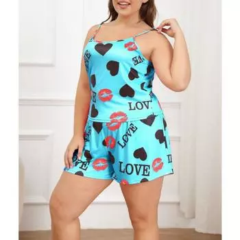 Женская пижама, сексуальная пижама на бретелях с принтом, комплект из двух предметов 1XL синий