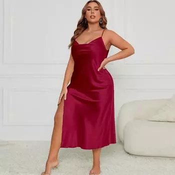 Женская пижама, сексуальное нижнее белье бордового цвета с разрезом на подтяжках, повседневная домашняя одежда из сатина XL