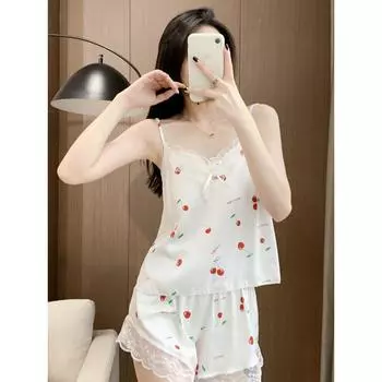 Женская пижама, сексуальный комплект с шортами с принтом вишни, женская пижама с V-образным вырезом и бретелькой через шею, милая кружевная пижама с коротким рукавом M