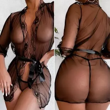 Женская пижама со шнуровкой и открытым передом, стринги, черная сетка, цветочное кружево