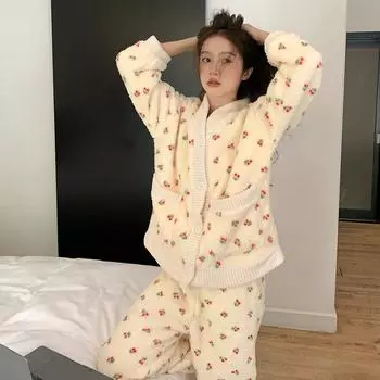 Женская пижама теплая милая зимняя фланелевая домашняя одежда милый мягкий комплект пижамы ночное белье XXL