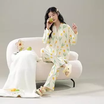 Женская пижама Tulip, милая, кавайная, с длинными рукавами, длинные брюки, осень-зима, повседневная одежда для сна, мягкая, уютная, ночная рубашка для девочек M