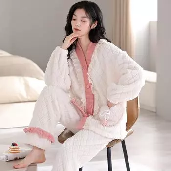 Женская пижама утолщенная теплая коралловая плюшевая одежда для девочек комплекты одежды для сна с героями мультфильмов осень-зима женская одежда для сна фланелевый домашний костюм M