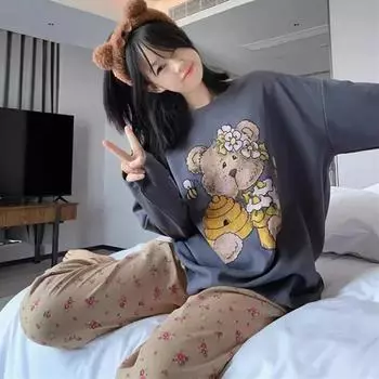 Женская пижама Весна Мультфильм Медведь Длинный рукав Женская свободная пижама Домашняя одежда Девочки Милая пижама Kawaii M