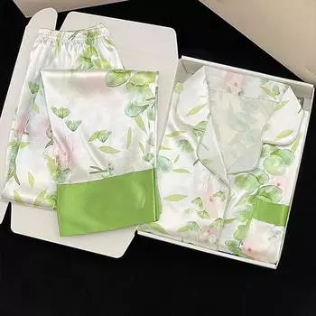 Женская пижама в китайском стиле с принтом пруда с лотосами, классическая элегантная эстетика, домашняя одежда, весенняя имитация шелка, для отдыха M