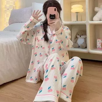 Женская пижама в стиле Харадзюку с принтом вишни, новая осенне-зимняя домашняя одежда, милая повседневная пижама с длинным рукавом M бежевый