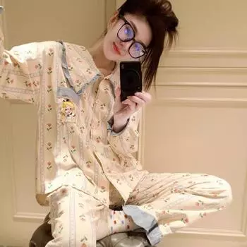 Женская пижама в стиле принцессы, комплект домашней одежды с длинными рукавами, женские модели весенне-осеннего комплекта домашней одежды для девочек L абрикосовый