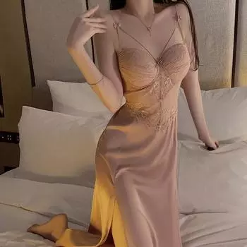 Женская пижама весна-лето однотонное атласное кружевное длинное платье с V-образным вырезом и подкладкой элегантная ночная рубашка M