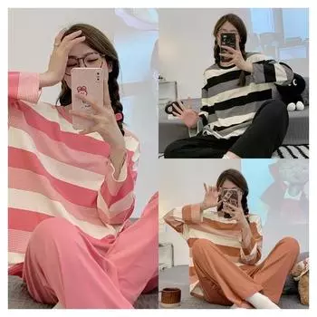 Женская пижама весна осень из двух предметов с длинными рукавами и брюками, полосатая свободная домашняя одежда для девочек с круглым вырезом, повседневная, милая, мягкая L коричневый