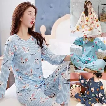 Женская пижама весна-осень из хлопка с длинным рукавом, милая, милая домашняя одежда, ночная рубашка из двух комплектов M темно-синий