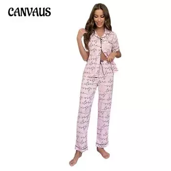 Женская пижама весна-осень с принтом букв рубашка с короткими рукавами брюки домашняя одежда костюм S розовый