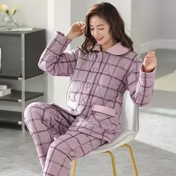 Женская пижама, зимний кардиган из плюша и хлопка в клетку, зимний трехслойный комплект из плотного хлопка для домашней одежды M