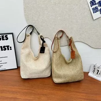 Женская плетеная соломенная пляжная сумка - легкая сетчатая сумка большой вместимости с магнитной застежкой для отпуска и летних вылазок