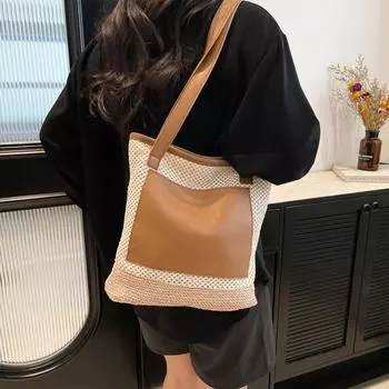 Женская плетеная соломенная пляжная сумка, водонепроницаемая сумка-тоут с панелью из полиуретана и магнитной застежкой для отпуска и отдыха на море, сумка через плечо