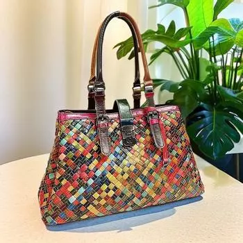 Женская плетеная сумка, натуральная кожа, женская сумка, коровья кожа, красочная, ретро, повседневная, этническая, женская, наплечная, портативная сумка-мессенджер разноцветный
