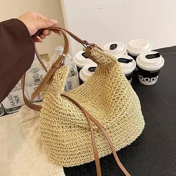 Женская плетеная сумка, роскошная дизайнерская пляжная сумка, большая вместимость, женская соломенная сумка-хобо, модные дорожные сумки через плечо 25*15*23cm бежевый